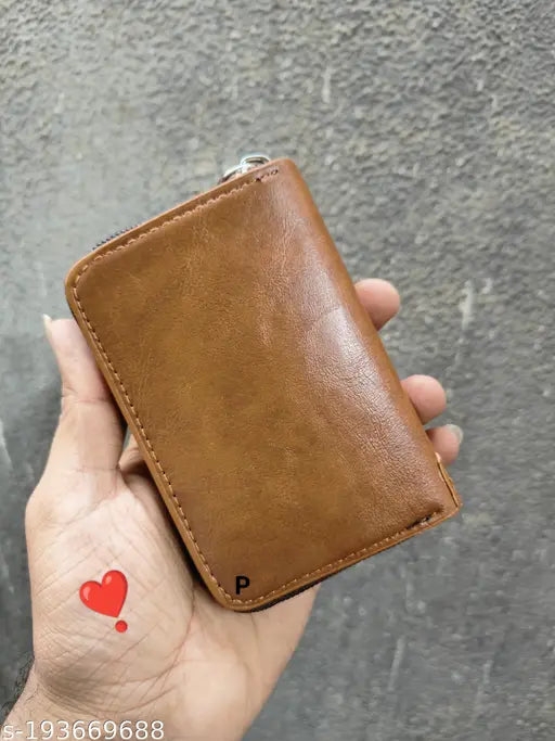 Brown leather 11-slot zipper wallet, men's/women's credit card holder.