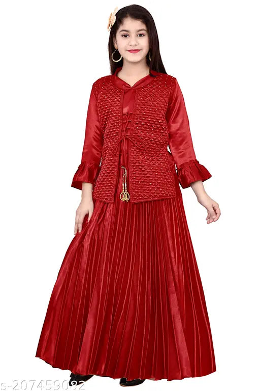 Silk three-quarter sleeve ethnic gown with printed net pattern, Indian traditional wear for girls aged 7-10 years