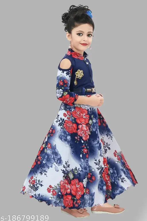 Nevy crepe self-design net long gown, three-quarter sleeves for kids 12M-9Y, India
