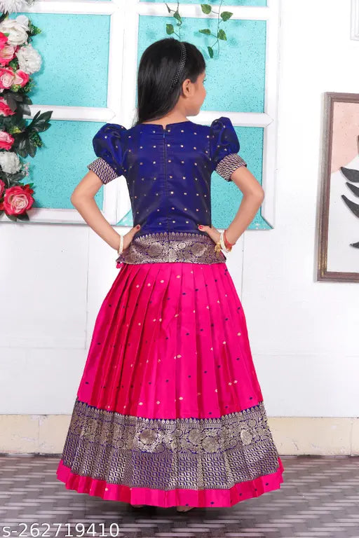 Girls cotton silk lehenga choli set kids, short sleeves with woven design on top and zari stitch pattern on lehenga, stitched net, 12-18 months size