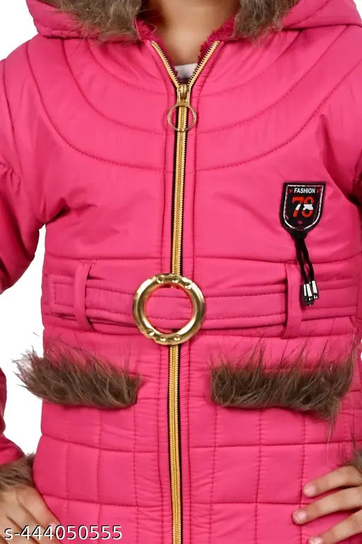 Pink hooded puffer coat, fur trim