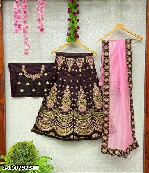 Multi-colored embroidered satin lehenga choli dupatta for girls (2-15 years), traditional Indian partywear