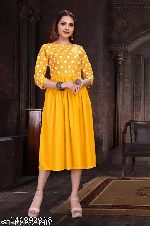 Viscose rayon embroidered flared kurti, ethnic wedding party wear for women in trendy styles and sizes