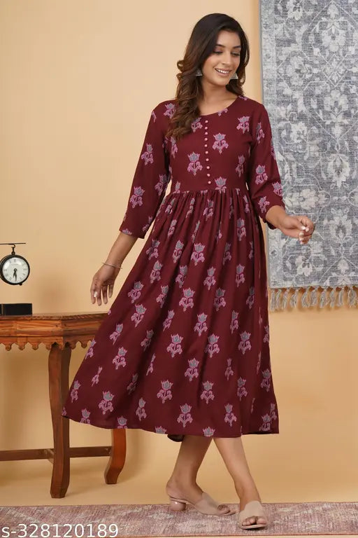 Womens rayon kameez, mid length, long sleeve, flared skirt