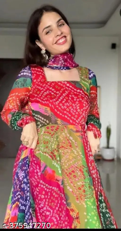 Designer georgette long sleeve anarkali gown with duppatta, Indian fashion for women in M, L, XL, XXL