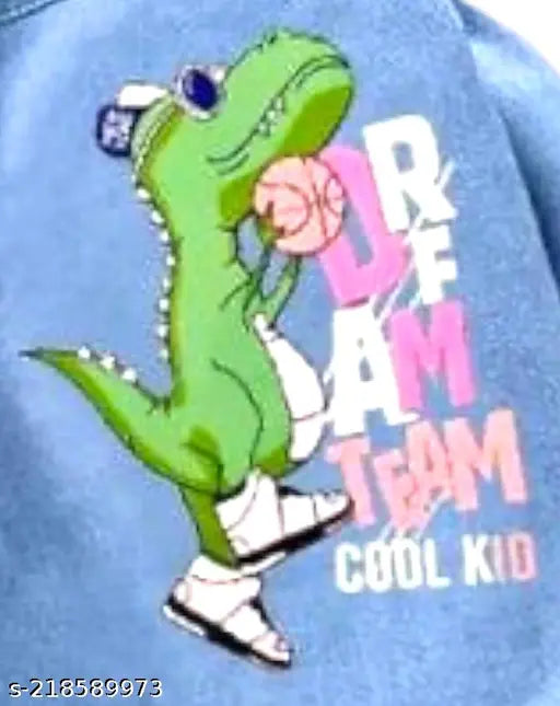 Black, blue denim jacket with a cartoon dino design