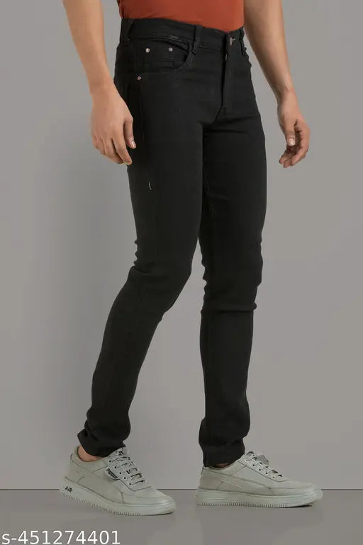 Dark blue slim-fit men's jeans with zip fly