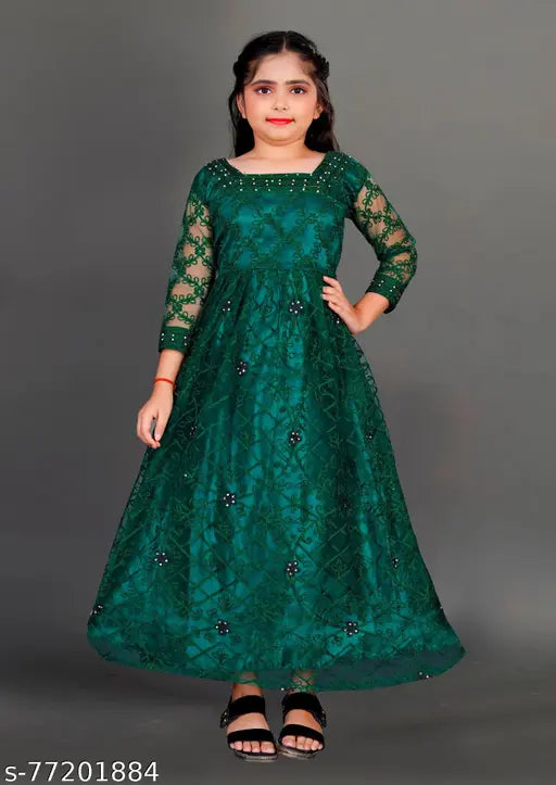 Green net ethnic gown for girls, embroidered with 3/4 sleeves, 2m flared, dry clean or hand wash, size 4-14 years, Indian origin