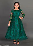 Green net ethnic gown for girls, embroidered with 3/4 sleeves, 2m flared, dry clean or hand wash, size 4-14 years, Indian origin