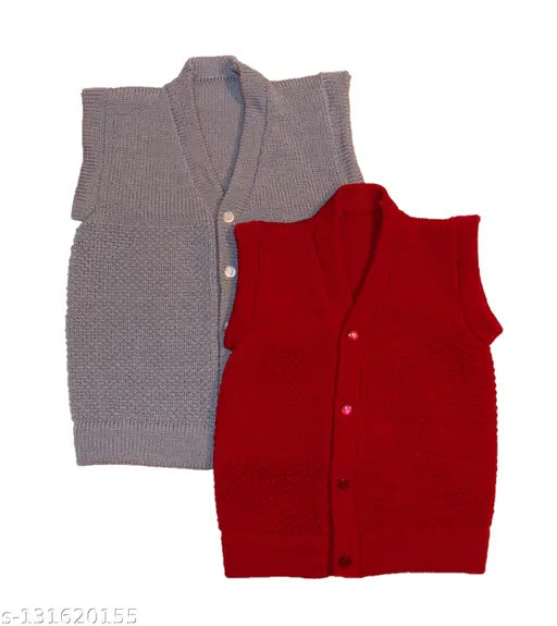 Grey & Red acrylic sleeveless baby sweaters (12-24 months), warm and cozy woolen knit for kids, ideal winter wear