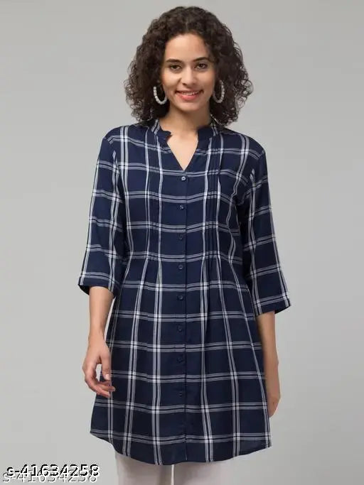 Blue Checkered Rayon Tunic, Three-Quarter Sleeves, V-Neck, Mandarin Collar - Women's Casual Wear, India