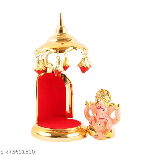 Gold plate Ganesh statue idol with umbrella chatri, marble & polyresin, divine decor for cars, offices, and home