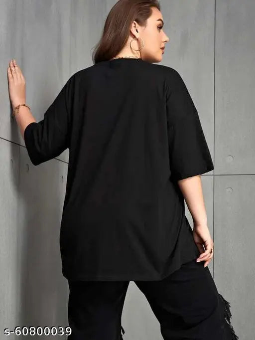 Loose fit women's T-shirt, black with short sleeves, cotton fabric, oversized design