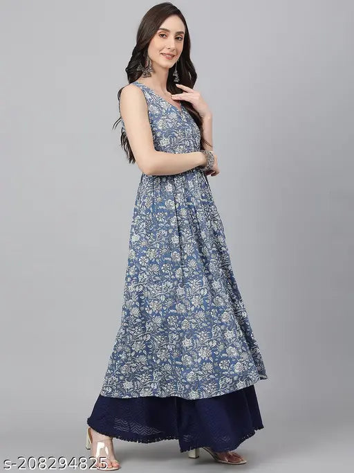 Women's long blue floral print dress with a flared skirt