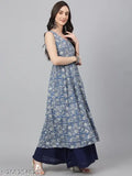 Women's long blue floral print dress with a flared skirt