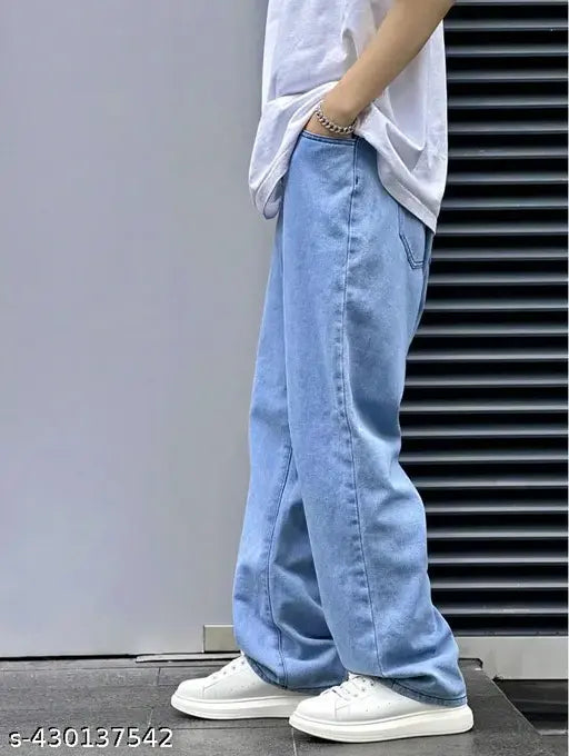 Light blue denim men's baggy jeans, relaxed fit, loose straight-leg, vintage-inspired. Size 32 (Waist 32", Length 42", Hip 42"), made in India