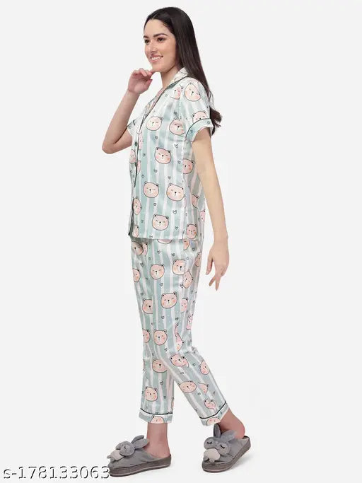 Fbella women's silk satin panda printed night suit with short sleeves and notched collar, made in India
