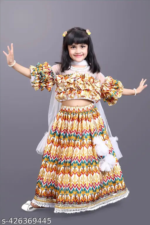 White cotton blend kids' floral round neck Lehenga Choli set with matching net dupatta, unique digital print design on chinon fabric