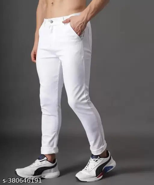 White cotton blend solid jeans, quality denim with double-stitched hems and pockets, comfortable and stretchable #MAAHITjeans (28/28in-36/41in waist & length sizes) Made in India
