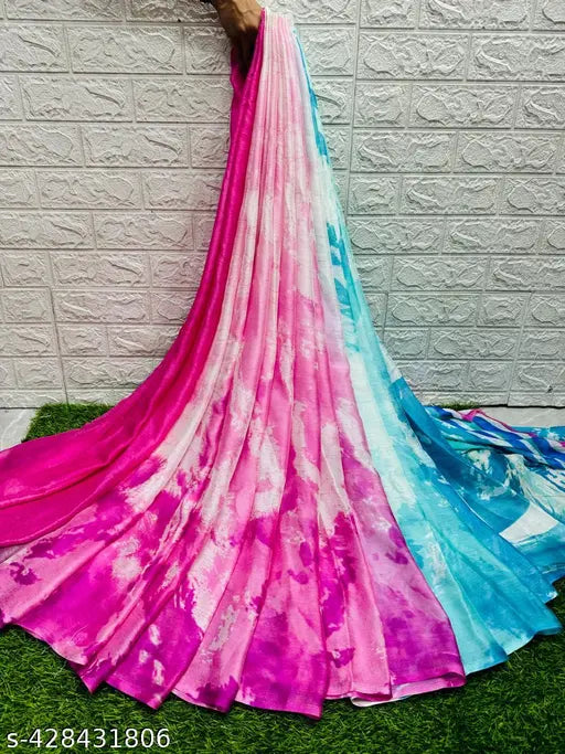 Soft Brasso Moss Chiffon saree with contrast blouse, premium quality Indian print design for summer collections