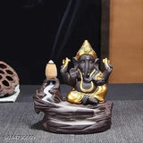 Gold resin Ganesh idol water fountain backflow incense burner with 10 free incense cones, home decor gift (India)