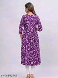 Purple and white floral pattern, long kurta with straight neckline