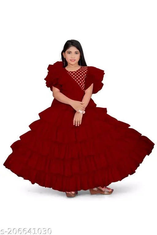 Stitched net gown for kids and young girls, solid color, Indian party wear, perfect for Raksha Bandhan, Navratri/Diwali, Christmas, New Year. Net dupatta included, dry clean only. Sizes: 5-6 years, 6-7 years, 7-8 years, etc., up to 15-16 years. Origin: India