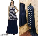 Navy blue embroidered sleeveless round neck kurta with matching sharara set