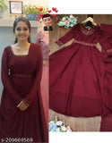 Maroon Georgette gown Chauki with matching dupatta and free belt, solid pattern, beautiful hot fix work on neck and sleeves, 52 inch length, suitable for S to XXL sizes