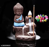 Multi-colored PolyResin Baby Monk Buddha Incense Smoke Burner Fountain, includes 10 free smoke cones for living room or car dashboard