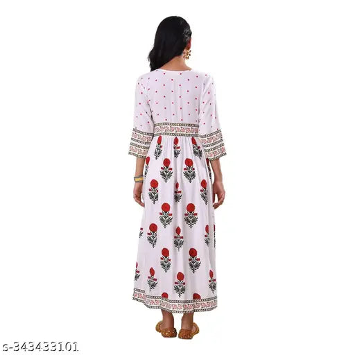 Polka Dot Rose Printed Rayon Anarkali Kurta for festive party wear, three-quarter sleeves, size S & M (Bust 38in, Length 45in)
