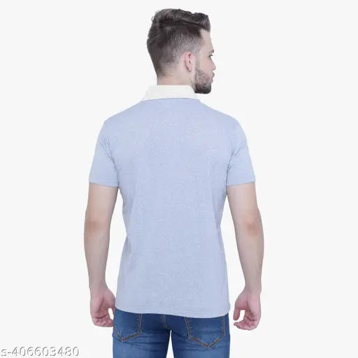 3BROS Printed Contrast Collar Neck Short Sleeves Cotton Blend Blue Stylish Fashionable & Comfortable Trendy Graphic Mens T-shirts