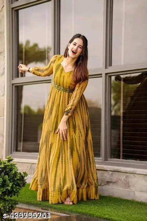 Yellow Georgette printed long kurti gown for women, full length, three-quarter sleeves, special occasion party wear. Made in India