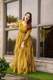 Yellow Georgette printed long kurti gown for women, full length, three-quarter sleeves, special occasion party wear. Made in India