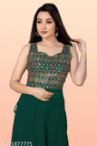 A dark green sari with a matching blouse and a Gujarati design