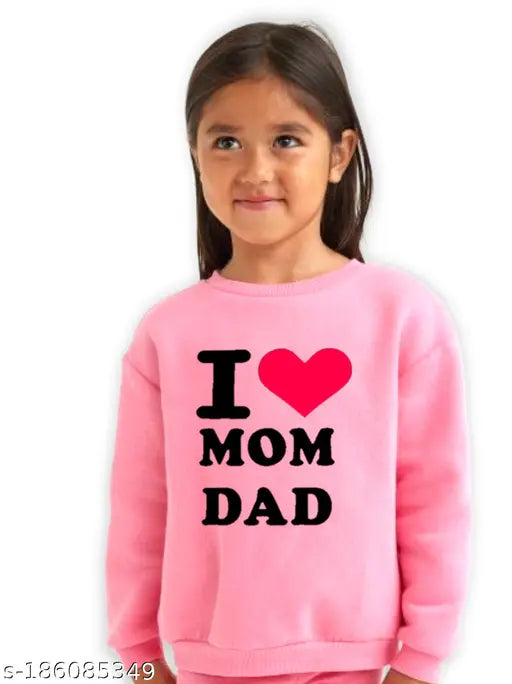 Cotton blend kids' round neck sweatshirt with "I Love Mom Dad" print, suitable for ages 6-14 years