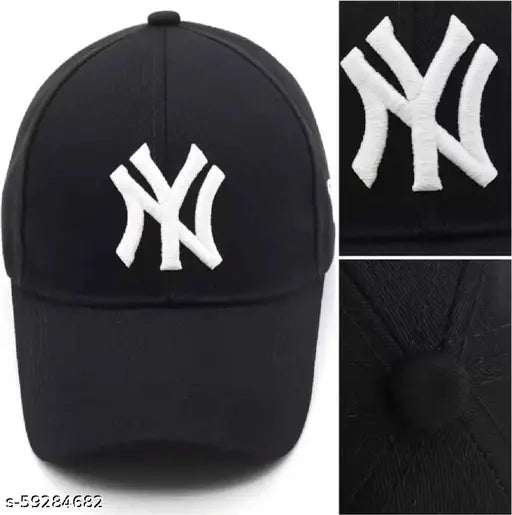 Black baseball cap with white NY logo, blue sunglasses case, black and white watch
