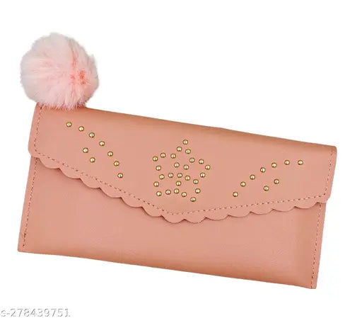 Pink leather wallet with card holder, ruffled trim and pompom detail