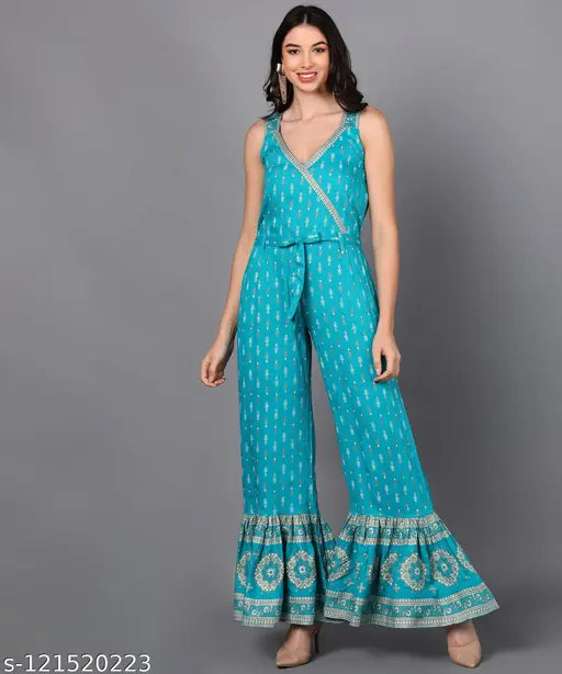 Turquoise blue rayon printed flared jumpsuit by KIPEK - stylish ethnic wear for women
