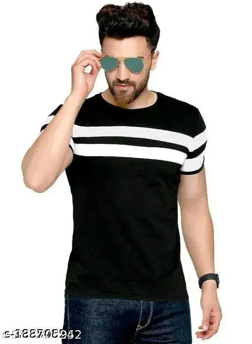 Black cotton T-shirt with horizontal stripes, men's regular round fit, softens with wear, India origin