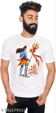 White striped round neck polyester t-shirt for men, perfect for Holi or casual events, made in India