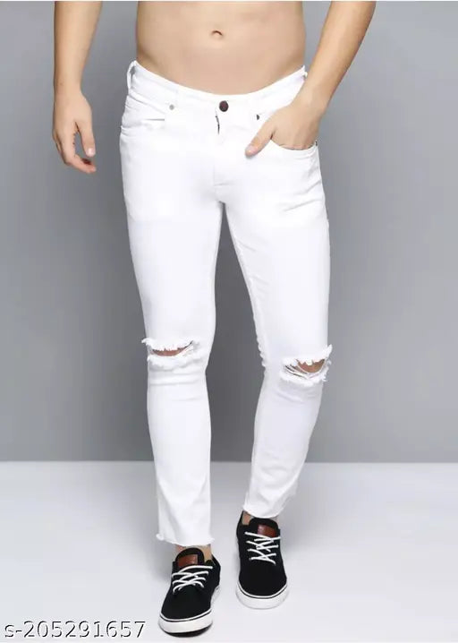 White cotton blend stretchable slash knee jeans for men and boys, dyed/washed with knitted comfort and stretchable knee cut. Men's denim on a clothing rack or hanger