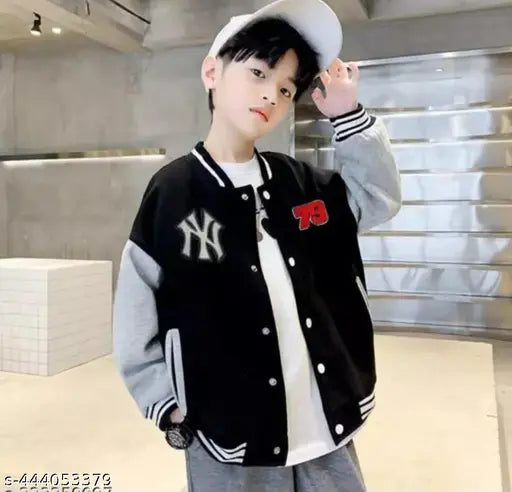 Grey and black baseball cap style jacket, varsity letter emblem, hoodie with long sleeves
