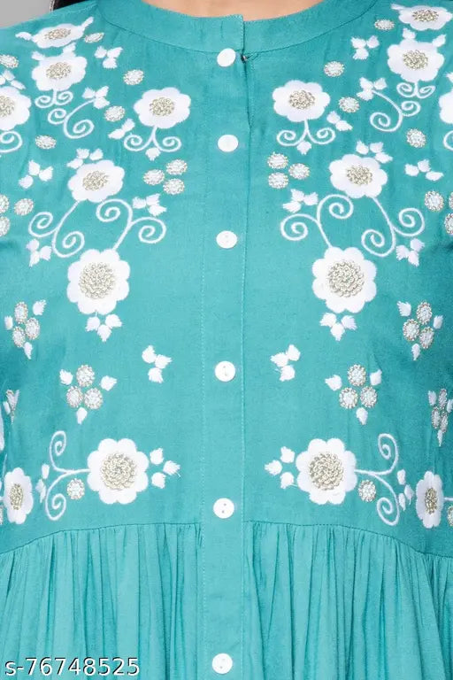 Rayon embroidered Anarkali Kurta for women, long festive party wear, embroidery on three-quarter sleeves, L (bust 40in, length 48in) and XXL (bust 44in, length 48in), made in India