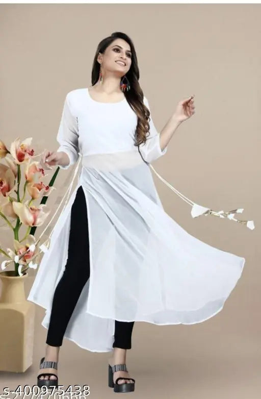Long-sleeve, fancy Georgette straight kurti for women (L: bust 40in, XL: bust 42in), made in India