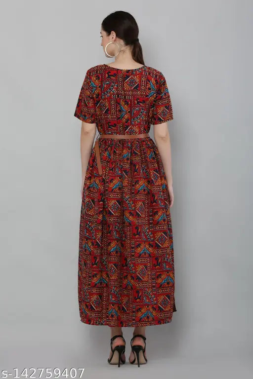 Crepe printed Anarkali kurti, short sleeves, Indian women's fashion in vibrant combo