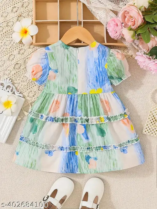 Multicolor cotton round-neck frocks for kids, Indian print design, 0-12 months sizes