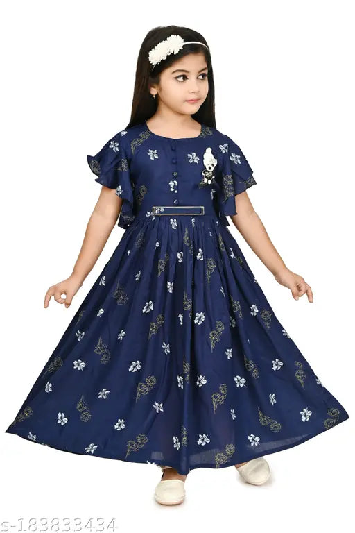 Navy blue rayon kids' floral kurti with short sleeves, printed net pattern - BARKAT DESIGNING PLANET