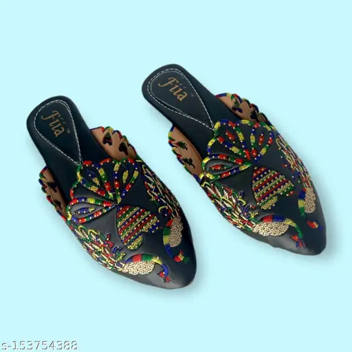 Synthetic black bellinas by Fiia - Embellished ankle loop mules for everyday wear, featuring Swarovski work and lightweight sole. Compatible with Kurtas, Kurtis, Ethnic Motifs, Jeans, Dresses, etc. Indian-made