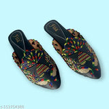 Synthetic black bellinas by Fiia - Embellished ankle loop mules for everyday wear, featuring Swarovski work and lightweight sole. Compatible with Kurtas, Kurtis, Ethnic Motifs, Jeans, Dresses, etc. Indian-made